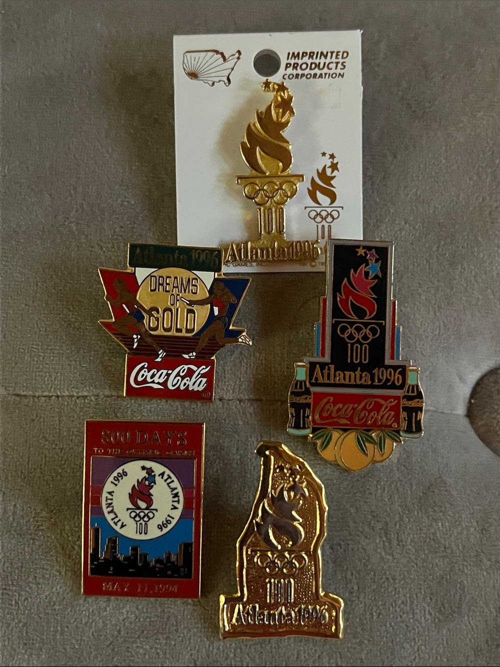 Vintage Coca-Cola Atlanta 1996 Olympic Enamel 5 Pin Set - Gold, Red, Black, Blue